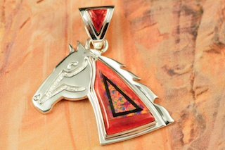 Genuine Spiny Oyster Shell and Black Jade inlaid in Sterling Silver Horse Pendant. Beautiful Fire and Ice Lab Opal Accents. Precision inlay on the Bale and Pendant. Free 18
